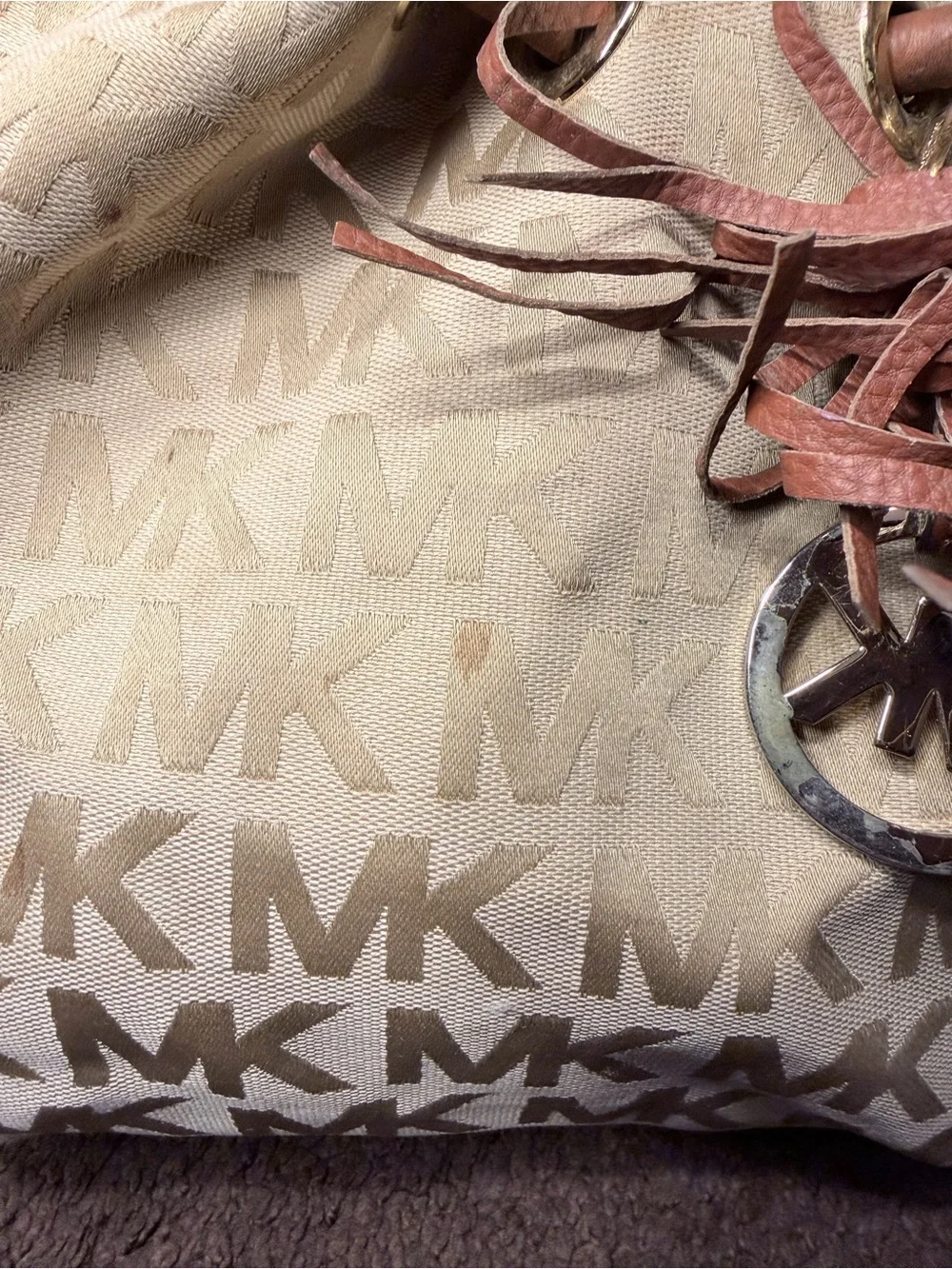 Michael Kors Beige MK Logo Drawstring Hobo with Brown Leather Handles